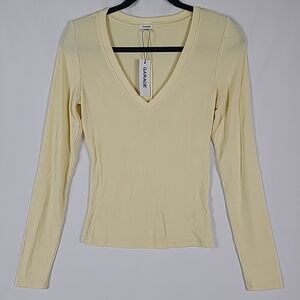 NEW Garage Women's Serene Deep V-Neck Top Yellow Ribbed NWT Sz M